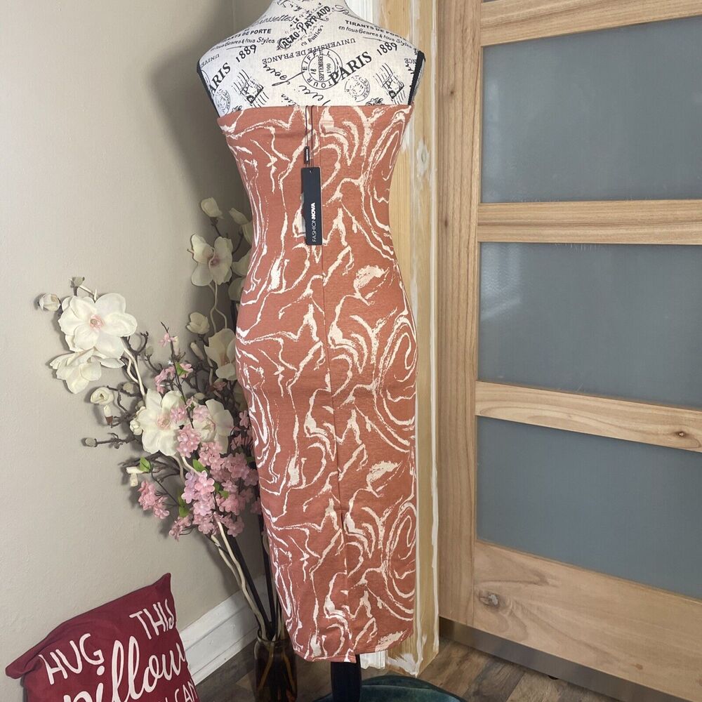 Fashion Nova Strapless Midi Bodycon Dress Orange Sz Medium Brunch Date Vacation - Picture 4 of 7